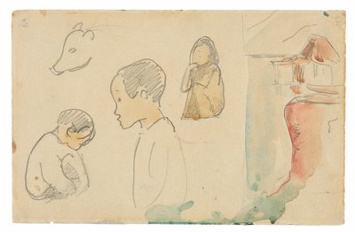 Su Kenarında Çömelmiş ve Ayakta Duran Figürler, Bir Domuz ve Bir Kulübenin Eskizleri by Paul Gauguin