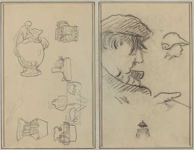 Testi ve Vazo Çalışmaları; Bıyıklı Bir Adam ve Şapkalı Bir Çocuk [rekto] by Paul Gauguin