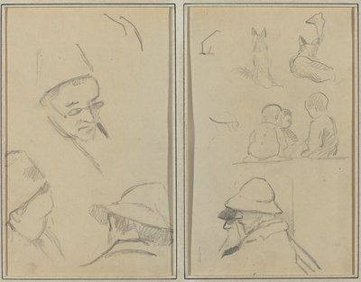 Biri Gözlüklü Erkek Kafaları Üzerine Üç Çalışma; Profilde Köpekler, Çocuklar ve İki Sakallı Adam [verso] by Paul Gauguin