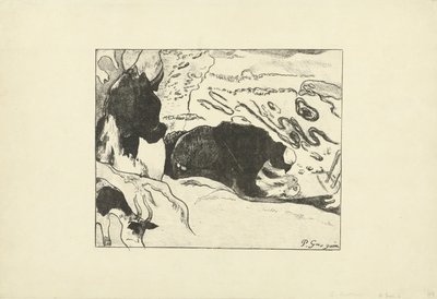 İki çamaşırcı kadın su Les Lavandières yakınında çamaşır yıkıyor by Paul Gauguin