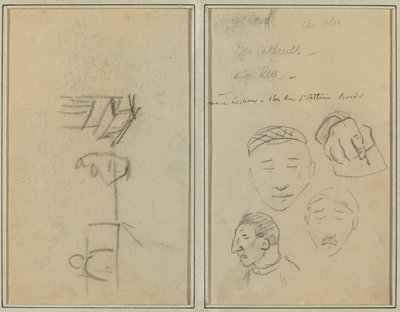 İki Figür ve Bir Bank; Erkeklerin Kafaları ve Bir Elin Üç Çalışması [rekto] by Paul Gauguin