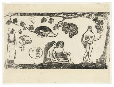 Geç Ahşap Blok Baskılar Takımından Kadınlar, Hayvanlar ve Yapraklar by Paul Gauguin