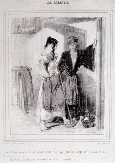 2 zavallı kadın merdivenlerde erkekler hakkında sohbet ederken, “Les Lorettes”, Gavarni, c. 1840. by Paul Gavarni