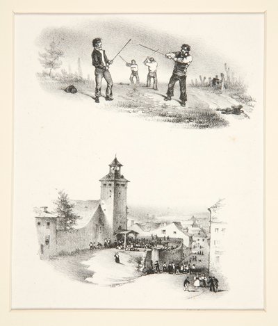 İki konu: Çifte düello; Bir kilisenin önünde kalabalık by Paul Gavarni