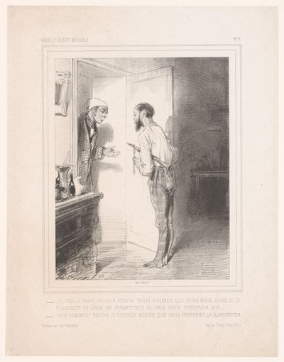 Adam komşusuna flageolet ile hitap ediyor Voilà trois heures voisin (...) (nesne üzerindeki başlık) by Paul Gavarni