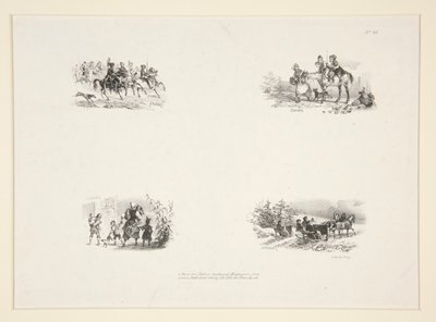 Dört denek: Bir süvari; Dört çocuk; Küçük Bir Çocuğu Taşıyan Köylü Kadın; Gezginler by Paul Gavarni