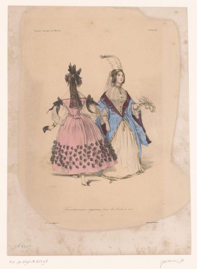 balo elbiseli iki kadın Transvestissemens Originaux pour les Bals de 1834 (nesne üzerindeki başlık) Yaratıcı giysiler (seri başlığı) Fanteziler (nesne üzerinde dizi başlığı) by Paul Gavarni