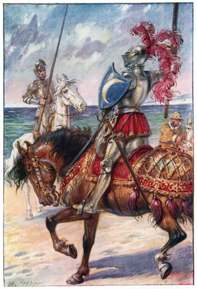 Beyaz Ay Şövalyesi, G. Bell und Sons, Ltd. tarafından yayınlanan 'Don Kişot'un Maceraları'ndan bir çizim, 1911 by Paul Hardy
