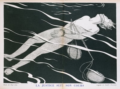 Floury tarafından yayınlanan 'Parlons Francais'ten Adalet sisteminin karikatürü 'Adalet Kendi Rotasını İzler'. 1934 by Paul Iribe