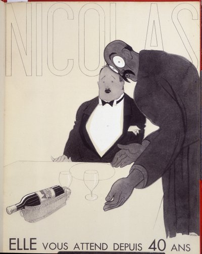 40 yıldır sizi bekliyor Bir restoranın garsonu bir şişe şarap tasarlayarak müşteriye hitap ediyor. - Paul Iribe (1883-1935) tarafından çizilen Nicolas için reklam by Paul Iribe