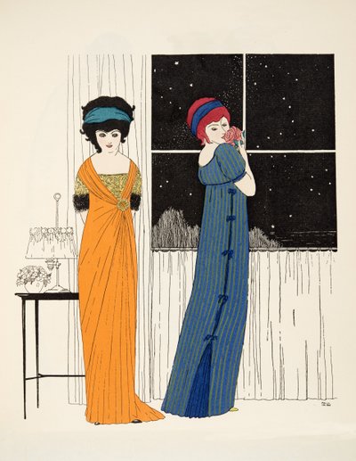 Les Robes de Paul Poiret pubından iki imparatorluk çizgisi elbisesi. 1908 (kalıp baskısı) by Paul Iribe