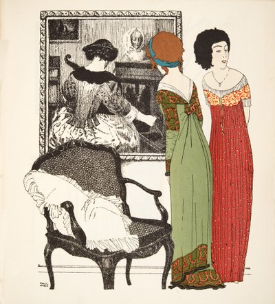 Les Robes de Paul Poiret pubından iki imparatorluk çizgisi elbisesi. 1908 (kalıp baskısı) by Paul Iribe