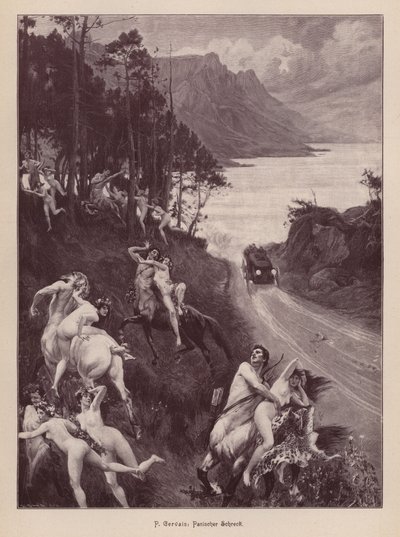 Bir motorlu arabadan korkan satirler ve periler (gravür) by Paul Jean Gervais