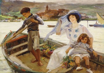 Bir Anne ve Çocuk, Ötesinde Bir Kasaba Olan Bir Nehrin Ötesinde Feribotla Geçiyor by Paul Michel Dupuy