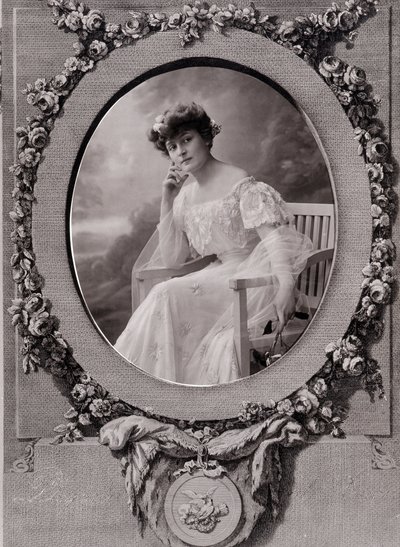 Çiçeklerle süslenmiş bir arka planda oval bir bankta oturan bir bayanın portresi by Paul Nadar