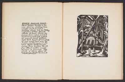 Kara Kavak Göleti, "Yerler "den bir illüstrasyon. Paul Nash tarafından tasarlanan ve gravürlenen tahta bloklardan çoğaltılan 7 baskı, düzyazı illüstrasyonlarla birlikte". Londra, William Heinemann by Paul Nash