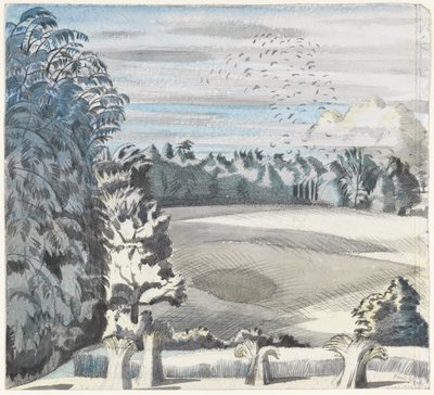 Rooks ile Manzara, c.1913-14 (kağıt üzerine siyah tebeşir ve sulu boya) by Paul Nash