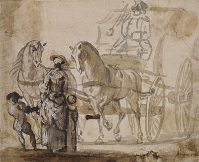 Bir Araba ve Çift, Coachman ile (kağıt üzerinde beyaz ile yükseltilmiş gri ve kahverengi yıkama) by Paul Sandby