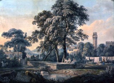 Çamaşır Havuzunun Yanında Kadınlarla İtalyan Tarzı Bir Manzara by Paul Sandby