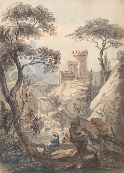 Kale, Cascade ve Anglers ile İtalyan Manzarası by Paul Sandby