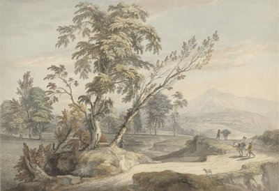 Travellers no.2, c.1760 ile İtalyan Manzarası (grafit üzerine suluboya, kalem ve gri mürekkep) by Paul Sandby