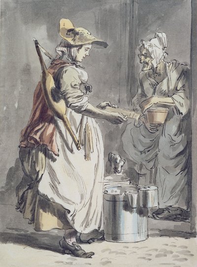 London Cries: A Milkmaid, c.1759 (kalem ve mürekkep fırçası, kağıt üzerine suluboya ve grafit) by Paul Sandby