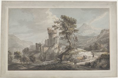 Bir Kale ile Dağlık Manzara Bir harabe, uzun bir ağaç ve sığırlı bir çoban ile dağlık bir manzara by Paul Sandby
