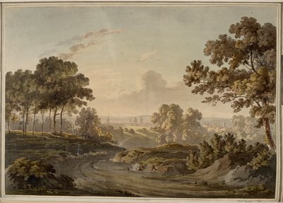 Oxford [grafik]. Gün batımının parıltısıyla aydınlatılan ufukta görülebilen Oxford'a giden yolda koyun güden çoban. by Paul Sandby