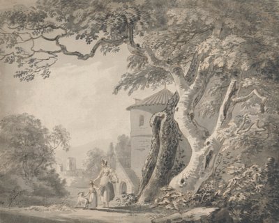 Figürler ve Köpekle Romantik Manzara by Paul Sandby