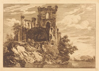 Teknede Bir Adamla Nehir Kenarındaki Harabeler by Paul Sandby