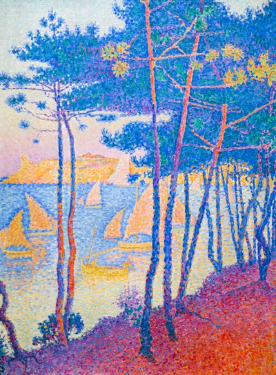 Yelkenli tekneler ve çam ağaçları, c. 1896 (tuval üzerine yağlı boya) by Paul Signac
