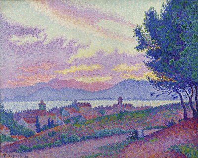 Saint-Tropez manzarası, çam ormanları üzerinde gün batımı, 1896. by Paul Signac