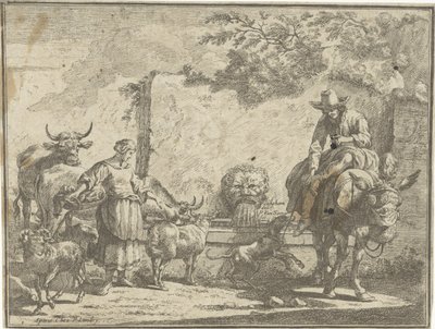 Vrouw en een man op een ezel bij een waterbron Pastorale landschappen (series title) by Paul van Somer (II)