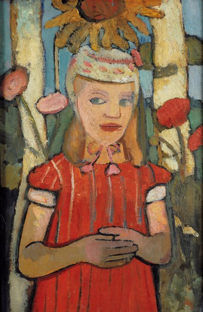 Ayçiçeği önünde kırmızı elbiseli kız, 1907. by Paula Modersohn Becker