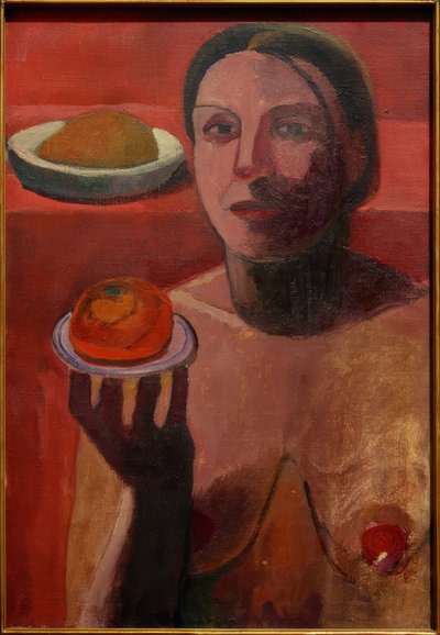 Yarı çıplak İtalyan bir kadının elinde tabak var. by Paula Modersohn Becker