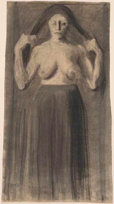 Saçlarını Ayrı Tutan Yarı Çıplak Kadın by Paula Modersohn Becker