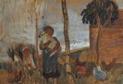 Peyzajın önünde çocuklar ve tavuklar. 1902 civarında by Paula Modersohn Becker
