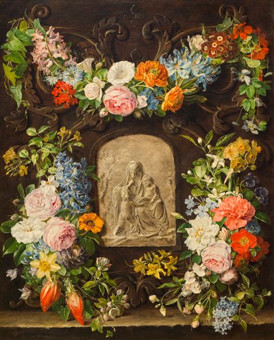 Madonna kabartmalı çiçek çelengi by Pauline von Koudelka Schmerling