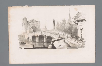 Kapılı bir köprünün görünümü, arka planda bir kilise Manzara ilkeleri (dizi başlığı) Principes de paysages (dizi başlığı) by Paulus Lauters
