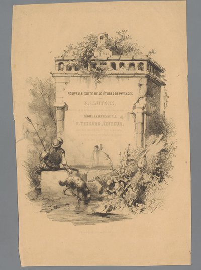 Bir çeşmenin kenarında oturan köpekli adam Paulus Lauters tarafından Peyzaj Çalışmaları (seri başlığı) Nouvelle suite de 40 études de P. Lauters (nesne üzerine seri başlığı) by Paulus Lauters