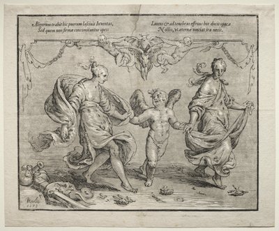 İki alegorik kadınla aşk tanrısı dansı by Paulus Moreelse