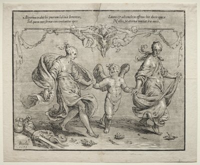İki alegorik kadınla aşk tanrısı dansı, 1612. by Paulus Moreelse