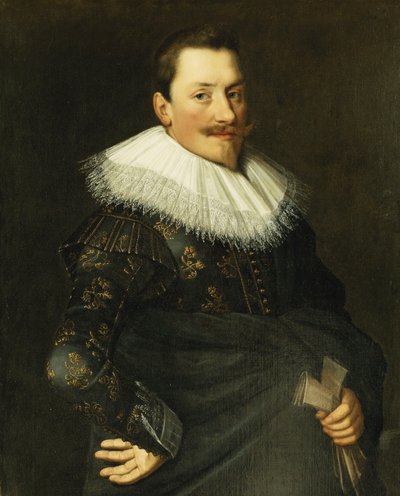 Bir Beyefendinin Portresi, Yarım Boy Ayakta, Altın İşlemeli Mavi Kostümlü ve Beyaz Dantel Yakalı, by Paulus Moreelse