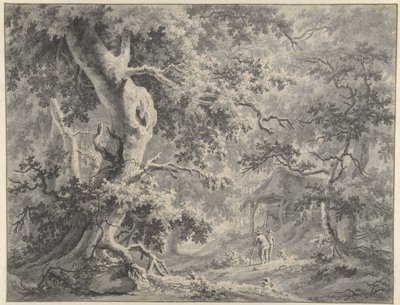 Bir kulübede iki figürlü orman manzarası by Paulus van Liender