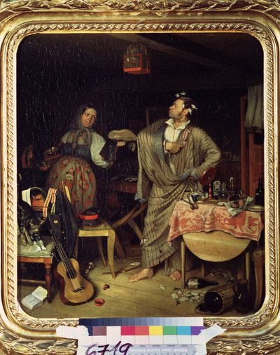 ""Ben bir atlıyım! (ya da yeni dekore edilmiş subayın sabahı) (Fresh Cavalier (İlk haçını alan bir bürokratın sabahı) Sabahlık giymiş bir asker, dağınık dairede madalyasını gururla takıyor.Resim Pavel Fedotov (18) by Pavel Andreevich Fedotov