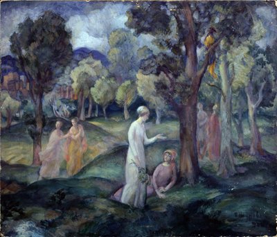 Tarlalarda bir yürüyüş. (Tarlalarda Bir Yürüyüş). Boş zaman sahnesi, tepelerdeki ağaçların arasında genç kadınlar. Pavel Semyonovich Naumov (1884-1942), karton üzerine yağlı boya by Pavel Semenovich Naumov