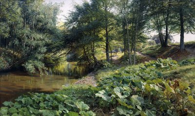 Ötesinde Geyik ile Ormanlık Bir Nehir Manzarası by Peder Monsted