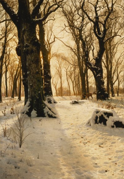Geyiklerle Ormanlık Bir Kış Manzarası by Peder Monsted