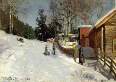 Karla kaplı köy caddesinde oynayan çocuklar by Peder Monsted