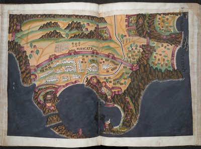 Mascate [Muscat] planı veya görünümü, c.1635 (kağıt üzerinde pigment) by Pedro Barretto de Resende